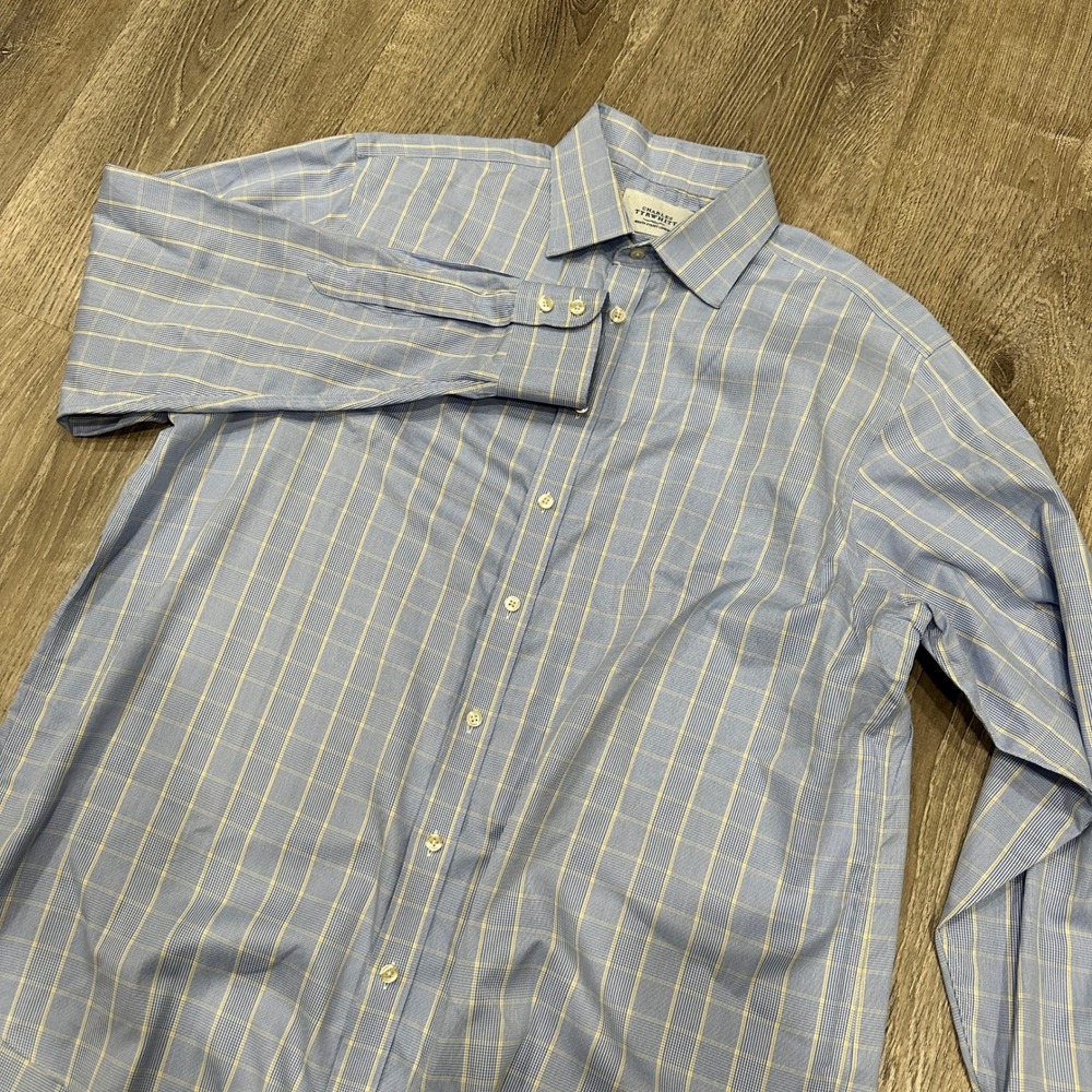 Charles Tyrwhitt Mens 17.5 36 Non Iron Classic Fit Blue Yellow Check Dress Shirt